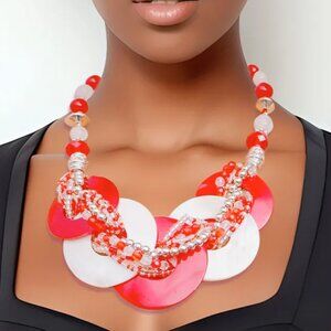 Red and White Beaded Disc Necklace Set